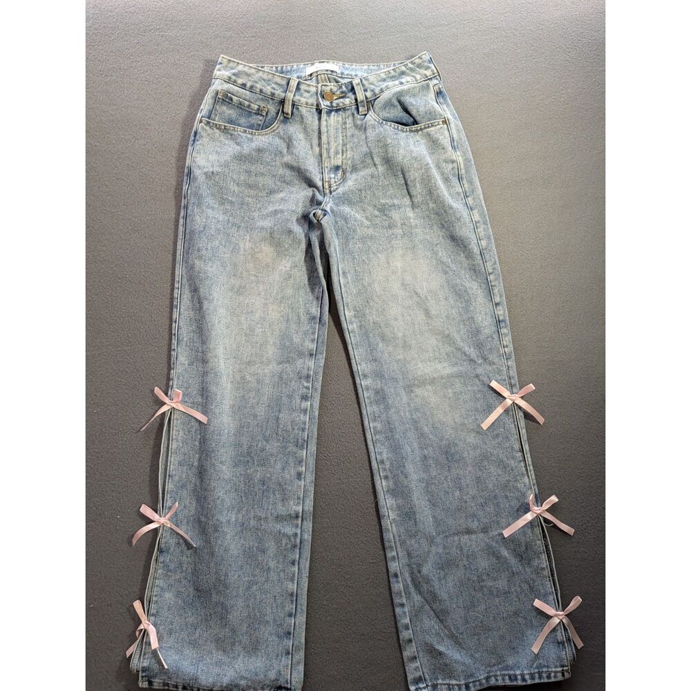 Rise Supply Co Womens Size 5 Vintage Wash Wide Leg Jeans Pink Bow Side Slits Y2K